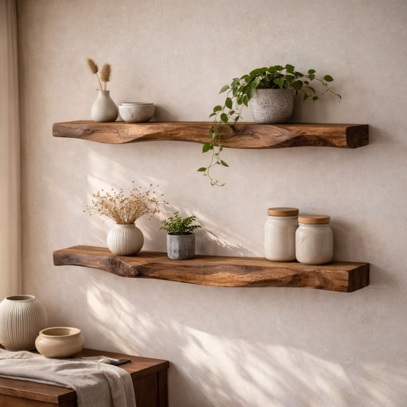 Handcrafted Solid Wood Tree Branch Wall Shelf - Organic Live Edge Floating Bookshelf