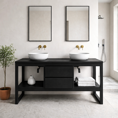 Bathroom Vanity Cabinet Double Sink Open Shelf Modern Solid Wood Base