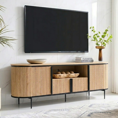 Modern Solid Wood TV Stand Curved Fluted Media Console with Metal Base Storage