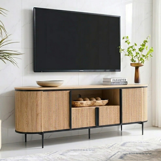 Modern Solid Wood TV Stand Curved Fluted Media Console with Metal Base Storage