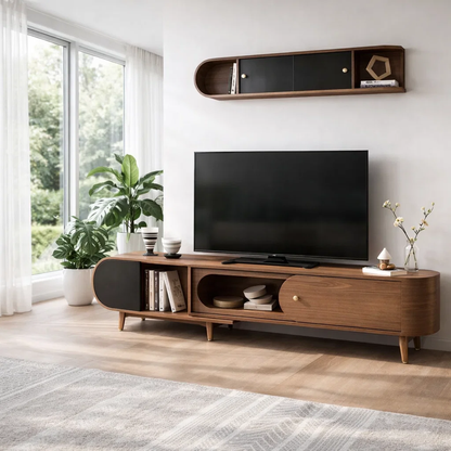 Mid Century Solid Wood TV Console with Cabinets & Open Shelf Storage