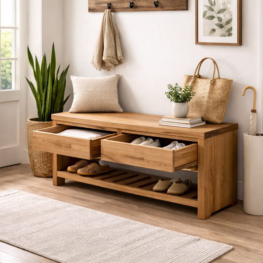 Wood Entryway Bench with Storage Drawers | Modern Hallway Seating & Shoe Rack Kitchnce