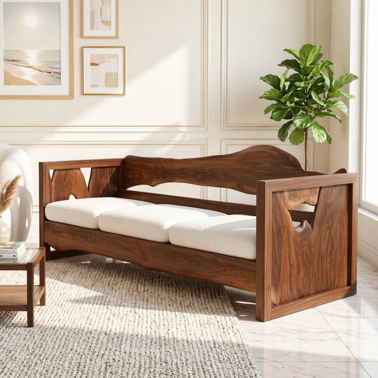 Organic Modern Wooden Sofa, Minimalist Daybed Couch for Elegant Modern Interiors