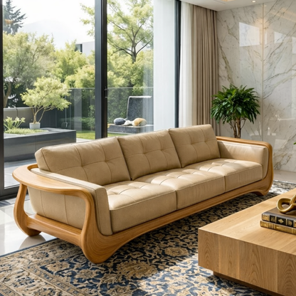 Luxury Curved Solid Wood Sofa with Tan Tufted Leather High-End Modern Couch