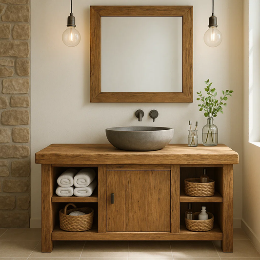 Rustic Wooden Bathroom Vanity with Vessel Sink and Storage Compartments Kitchnce