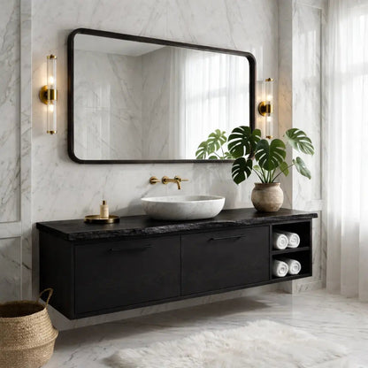 Floating Vanity with Natural Walnut Wood, Modern Sink, and Open Shelf Storage Kitchnce