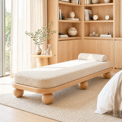Modern Upholstered Daybed With Rounded Frame, Sculptural Ball Legs, Bedroom Lounge