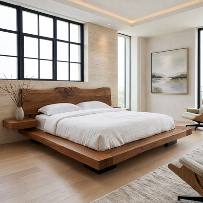 Organic Modern Platform Bed Frame with Floating Nightstands, Minimalist Design Style