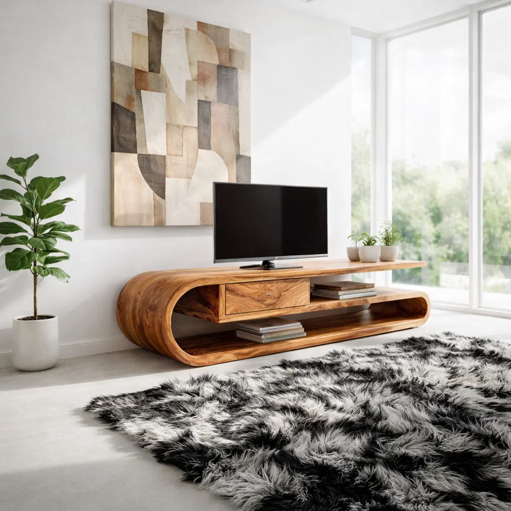 Solid Wood TV Console with Curved Frame – Media Stand with Drawer