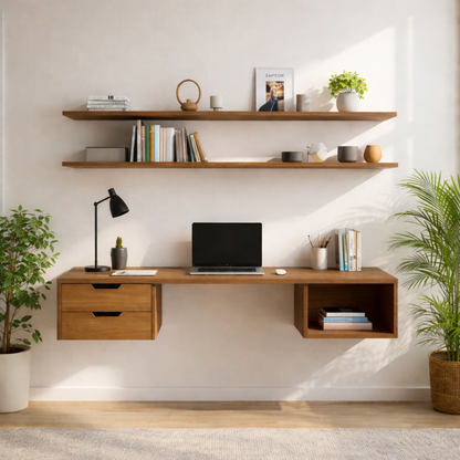 Floating Oak Desk with Shelf – Minimalist Wall Workspace