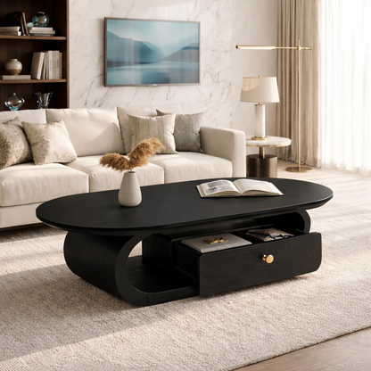 Wooden Coffee Table with Storage Drawer and Curved Modern Design