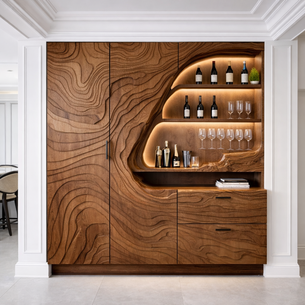 Luxury Solid Wood Bar Cabinet with Sculpted Wood Panels & LED Display Shelves