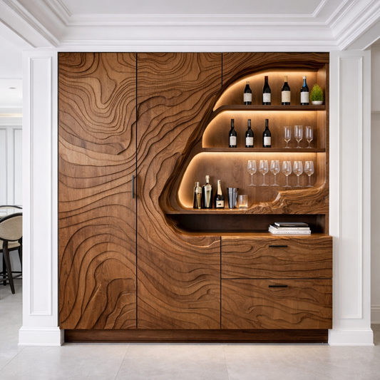 Luxury Solid Wood Bar Cabinet with Sculpted Wood Panels & LED Display Shelves