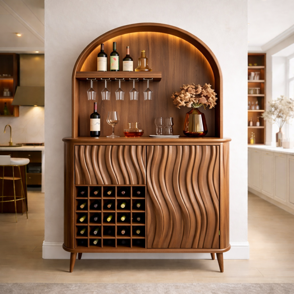 Solid Wood Bar Cabinet with Arched Display, Wine Rack & Wave Panel Doors