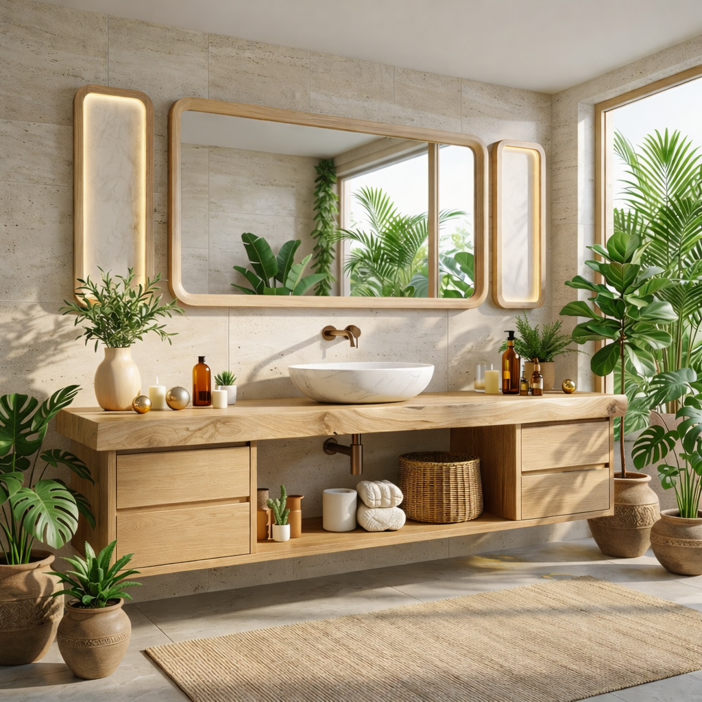 Modern Floating Walnut Vanity with Natural Wood Finish and Open Shelving, Stylish Bathroom Storage Kitchnce