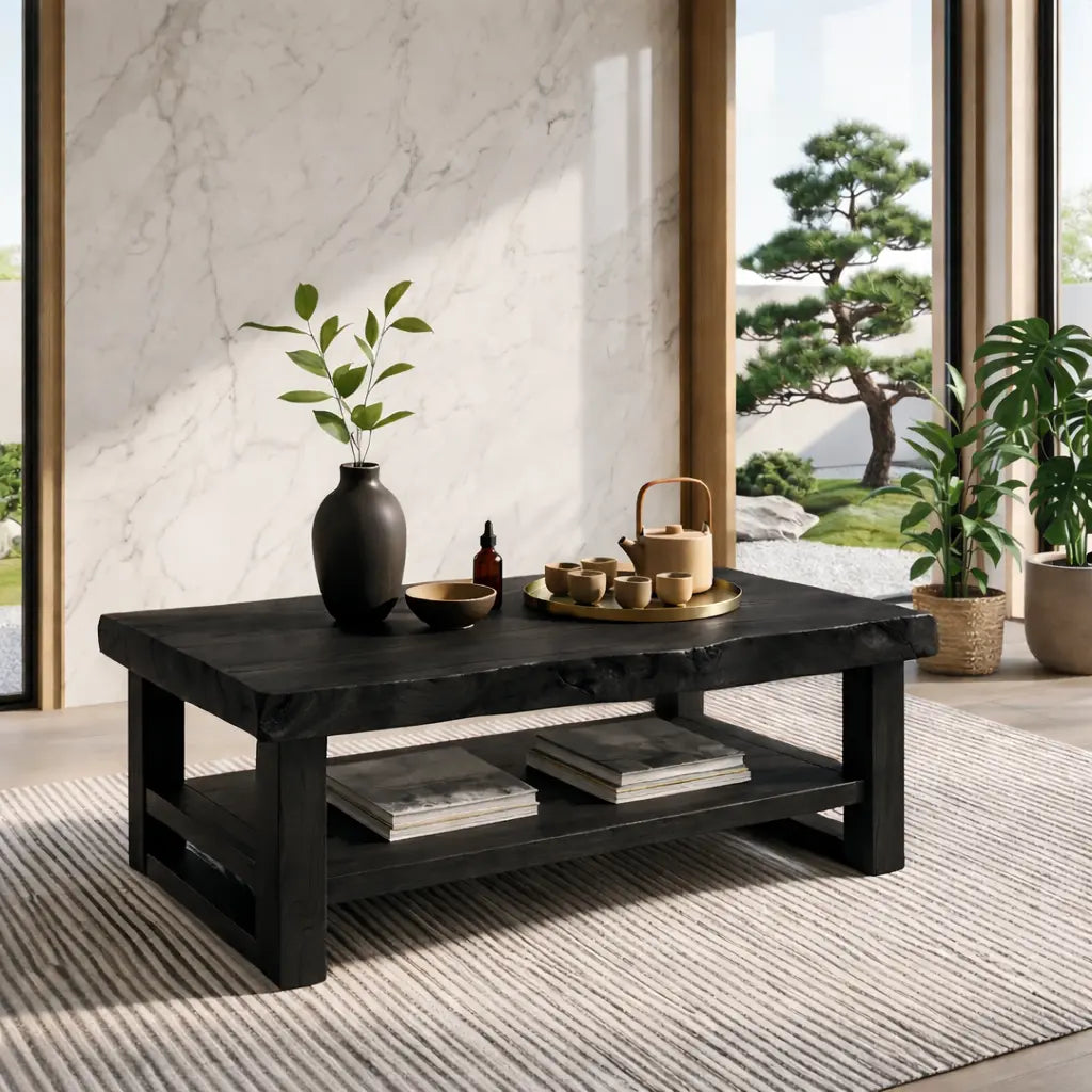 Rustic Solid Wood Coffee Table with Natural Finish and Lower Storage Kitchnce