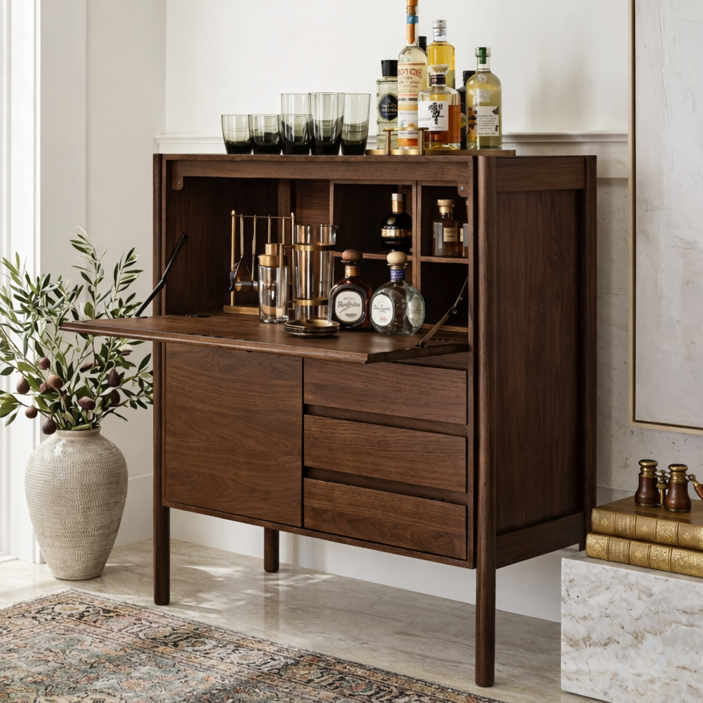 Mid Century Bar Cabinet, Fold-Down Cocktail Console with Glassware Bottle Storage