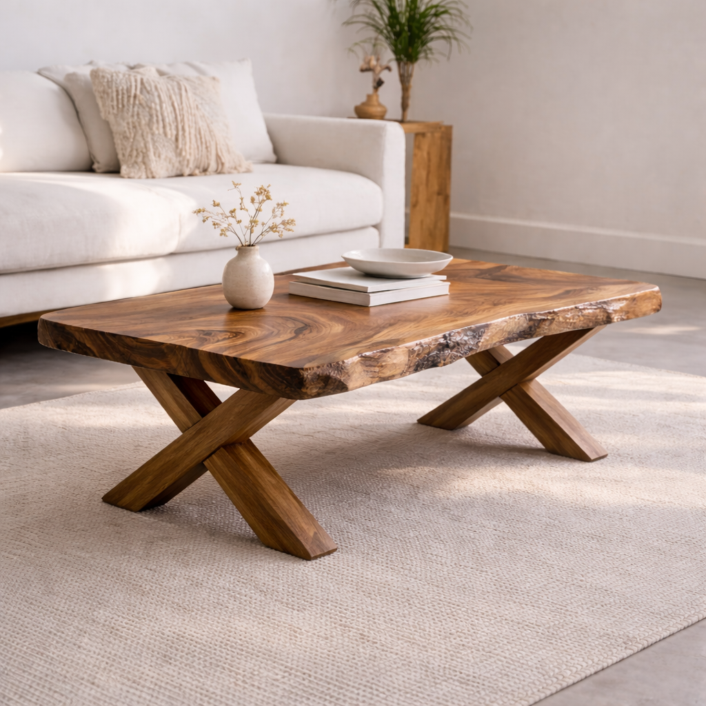 Live Edge Solid Wood Coffee Table with X-Frame Legs – Rustic Modern Living Room Table