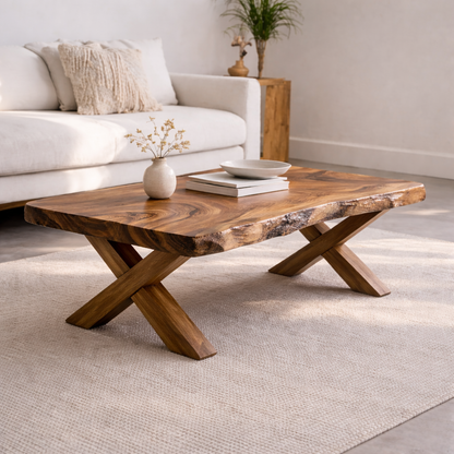 Live Edge Solid Wood Coffee Table with X-Frame Legs – Rustic Modern Living Room Table Kitchnce