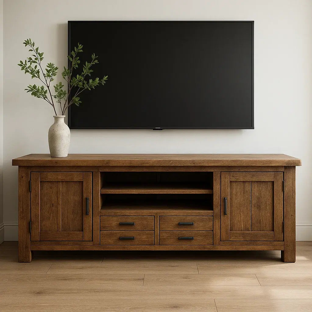 Handcrafted Solid Wood TV Stand – Rustic Farmhouse Media Console with Drawers, Cabinets & Open Shelves Kitchnce