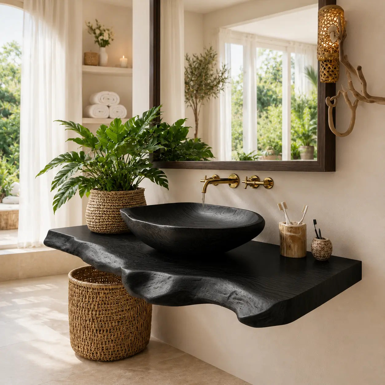 Live Edge Vanity with Wood Vessel Sink | Solid Wood Floating Bathroom Set Kitchnce