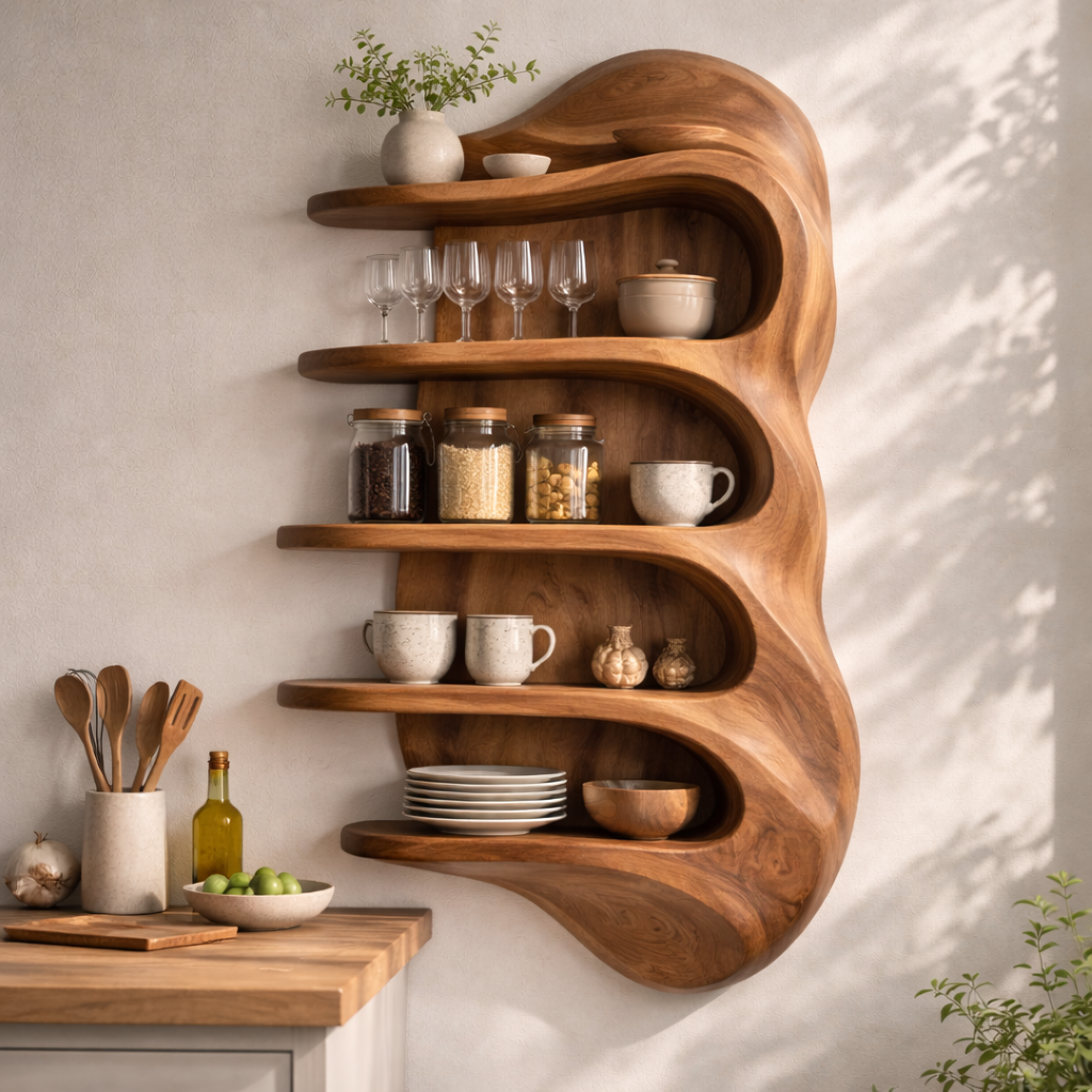Solid Wood Curved Kitchen Cabinet Shelf – Floating Organic Wall Storage Display