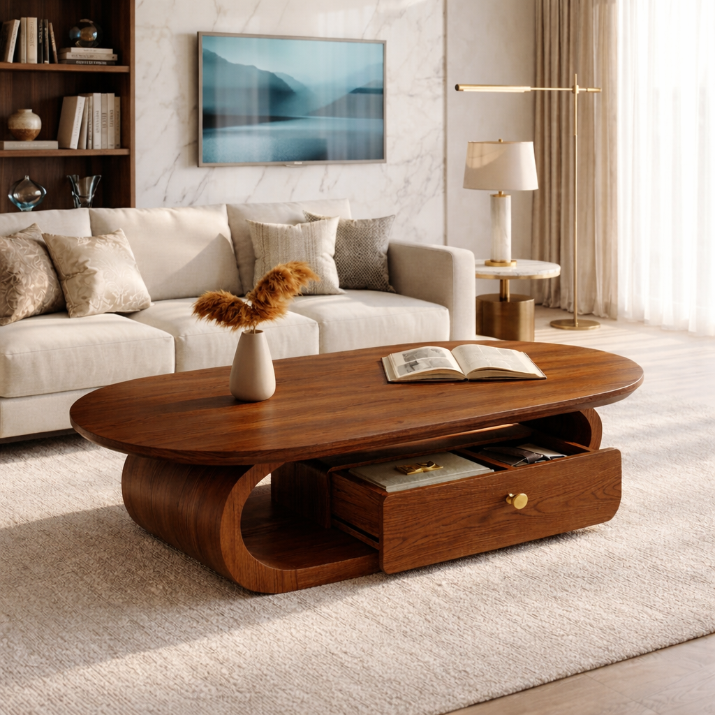 Wooden Coffee Table with Storage Drawer and Curved Modern Design