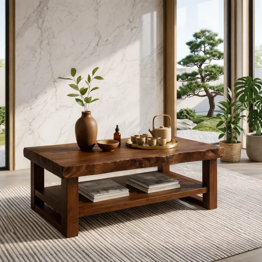 Rustic Solid Wood Coffee Table with Natural Finish and Lower Storage Kitchnce