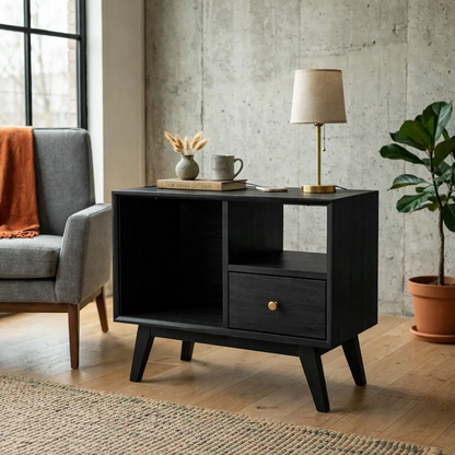 Solid Wood End Table with Open Shelves and Drawer – Mid Century Modern Side Table