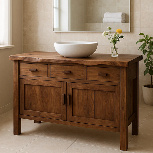Handcrafted Solid Wood Bathroom Vanity - Live Edge Top, 3 Drawers & Double Door Cabinet Kitchnce