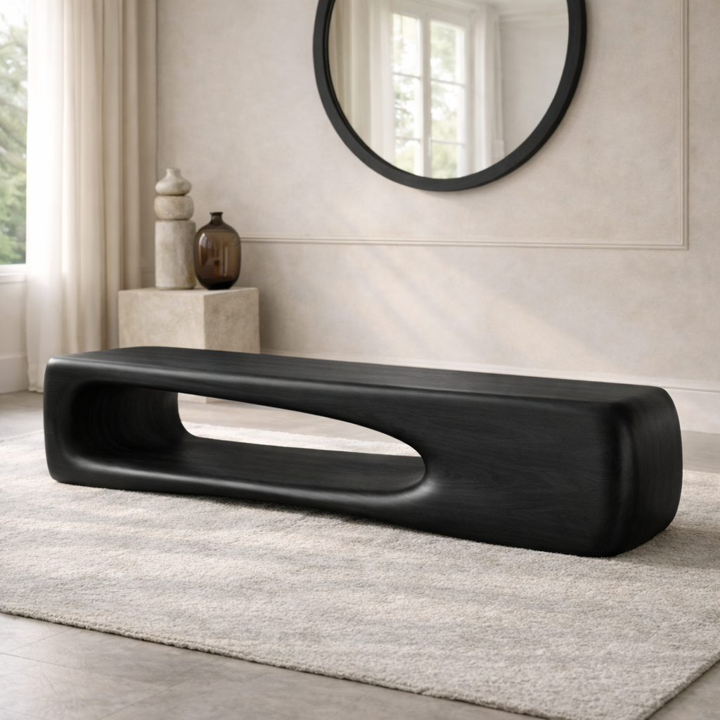 Modern Sculptural Wooden Entryway Bench, Curved Minimalist Hallway Seating Decor