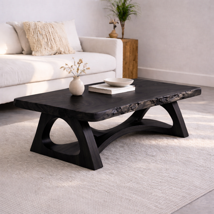 Live Edge Solid Wood Coffee Table with Sculptural Base – Rustic Modern Living Room Table Kitchnce