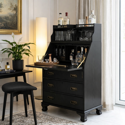 Mid Century Bar Cabinet, Fold-Down Cocktail Console with Glassware Bottle Storage