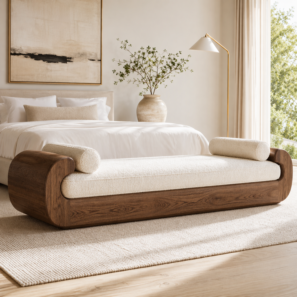 Modern Upholstered Daybed Bench Curved Bedroom Lounge with Bolster Pillows