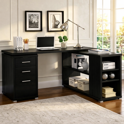 Contemporary L-Shaped Corner Desk with Drawers, Shelves, Home Office Workstation Writing Table