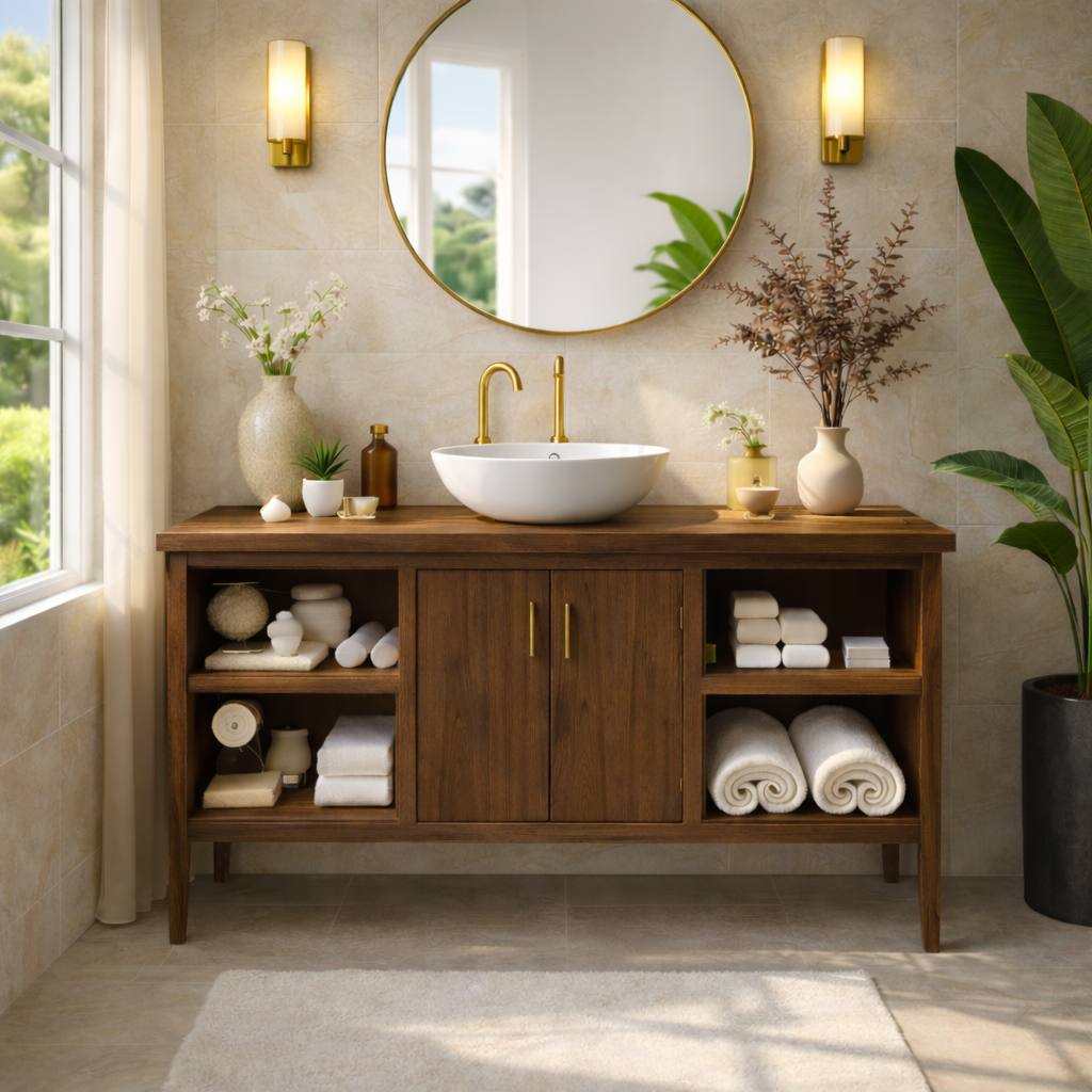 Sleek Wooden Bathroom Vanity with Open Shelving and Storage Kitchnce