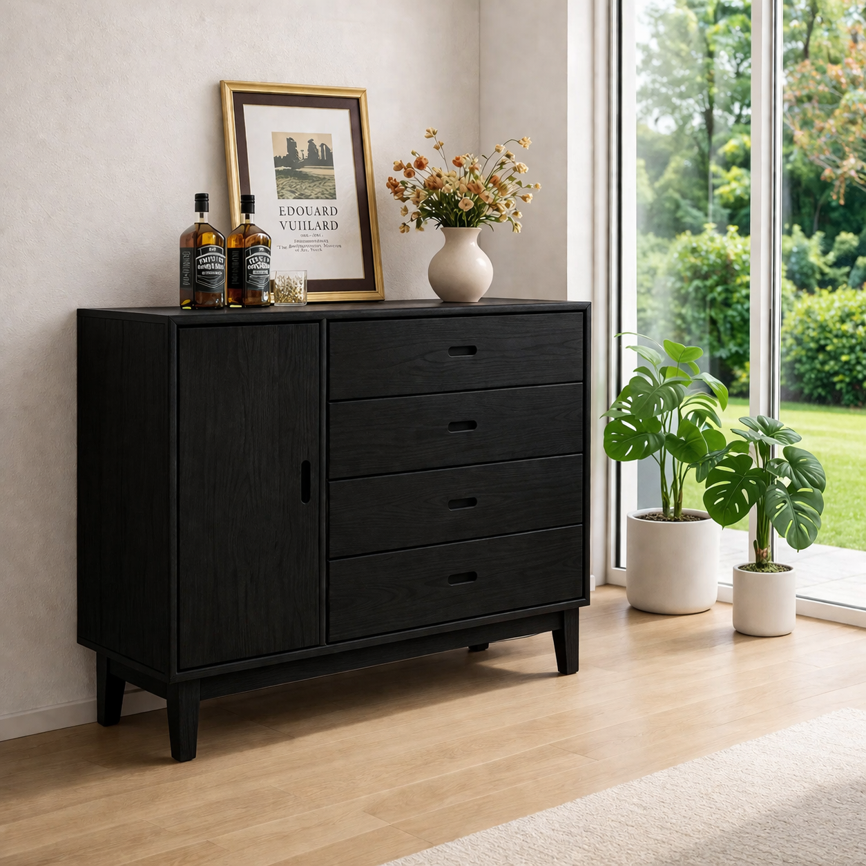 Mid Century Storage Sideboard Cabinet with 4 Drawers and Door – Compact Console