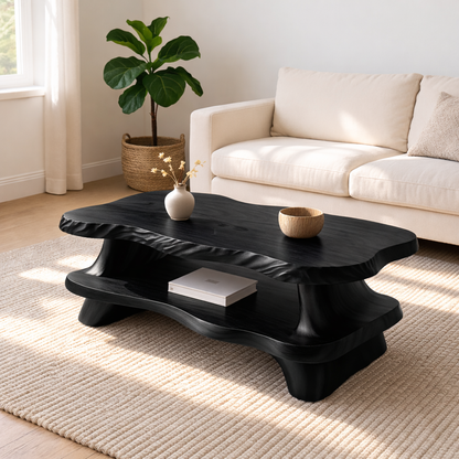 Modern Solid Wood Coffee Table with Organic Live Edge and Lower Shelf Kitchnce