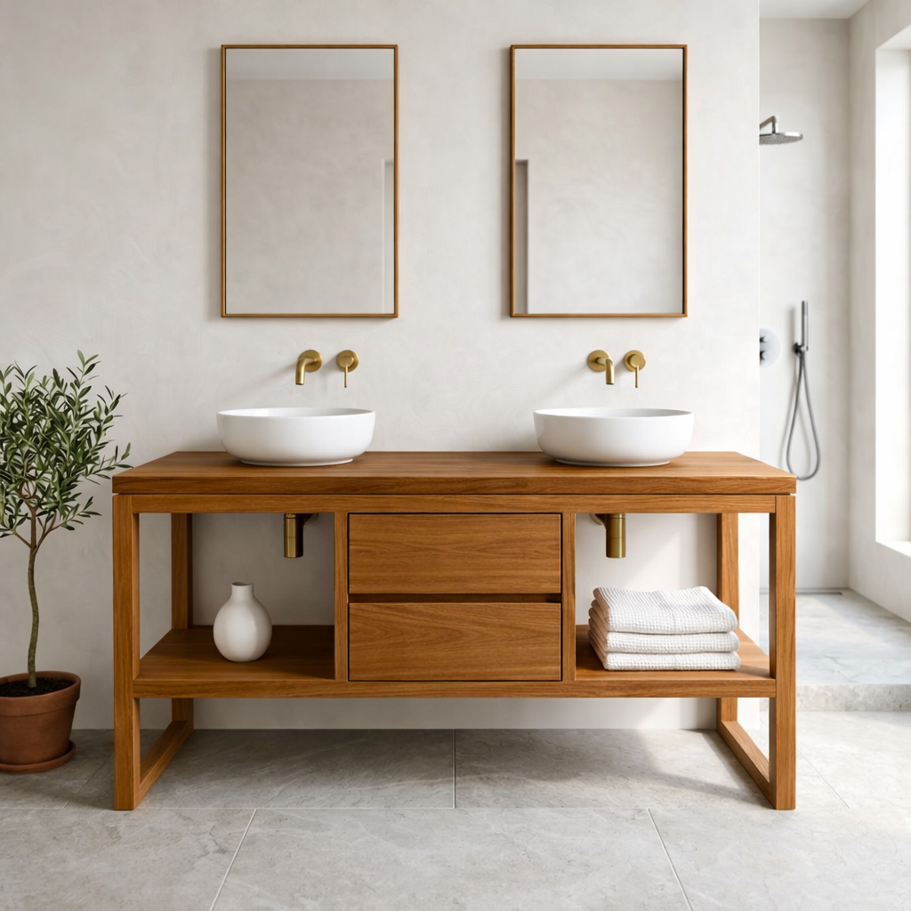 Bathroom Vanity Cabinet Double Sink Open Shelf Modern Solid Wood Base