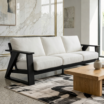 Modern Geometric Solid Wood Sofa with White Linen Cushions Mid Century Living Couch