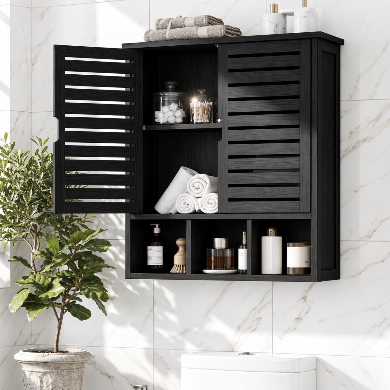Floating Bathroom Cabinet, Wall-Mounted Slatted Vanity Storage Organizer Shelf Unit
