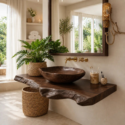 Live Edge Vanity with Wood Vessel Sink | Solid Wood Floating Bathroom Set Kitchnce