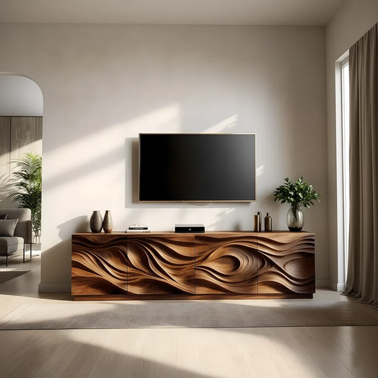 Solid Wood TV Stand Modern Media Console with Sculpted Wave Design