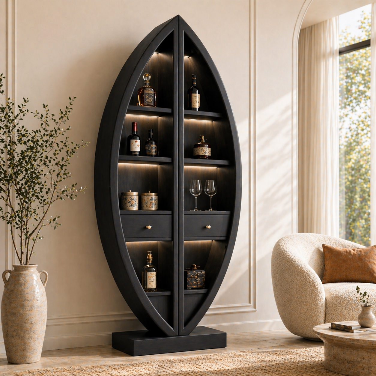 Sculptural Tall Wine Cabinet Freestanding Bar Storage Display Shelves With Drawers
