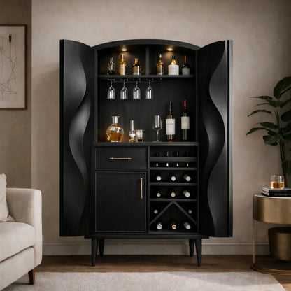 Solid Wood Bar Cabinet with Wine Storage, Glass Rack & Sculpted Wave Doors Kitchnce