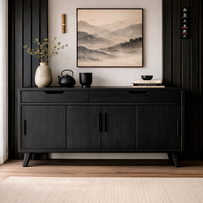 Mid-Century Solid Wood Console Cabinet with 2 Drawers and 4 Doors Storage