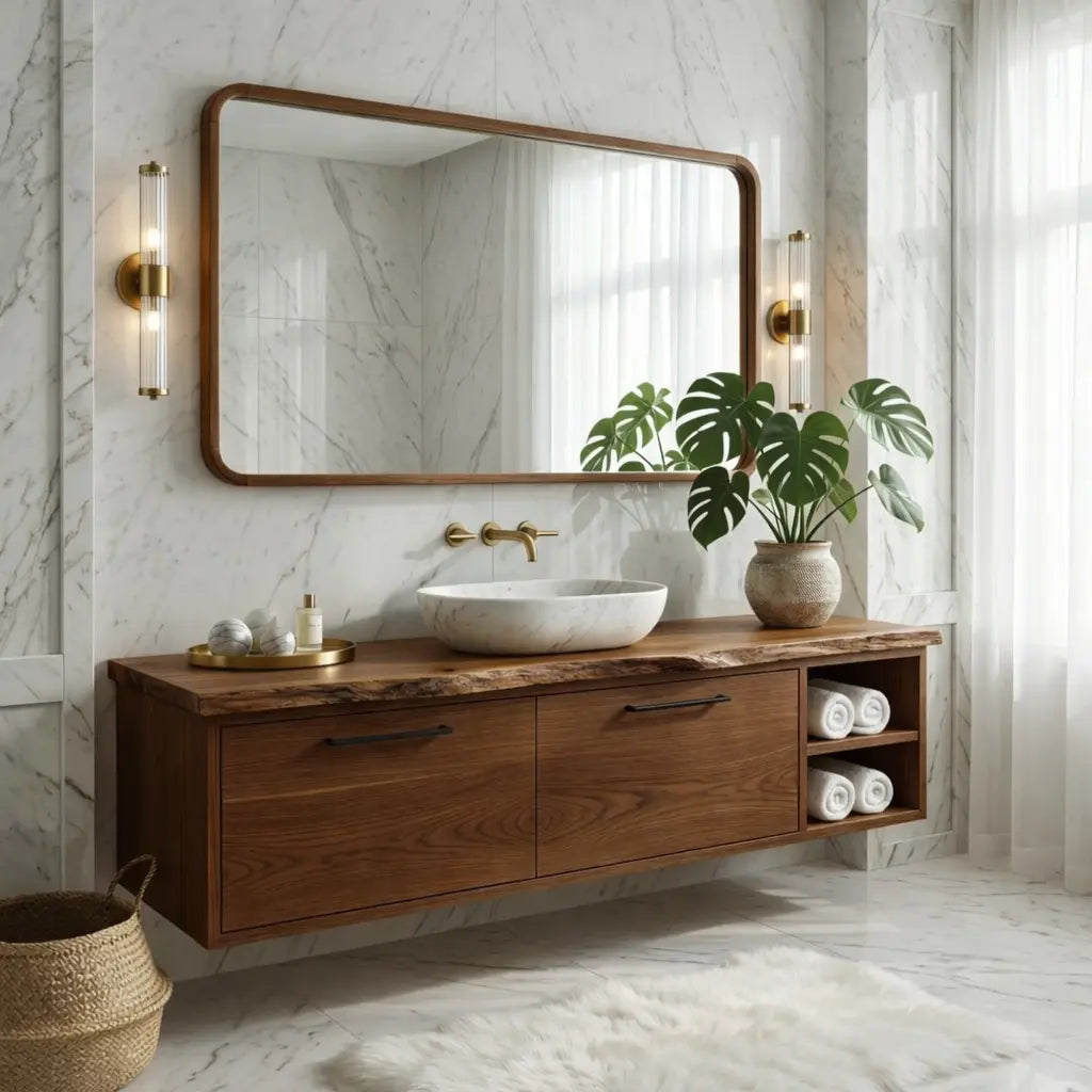 Floating Vanity with Natural Walnut Wood, Modern Sink, and Open Shelf Storage Kitchnce