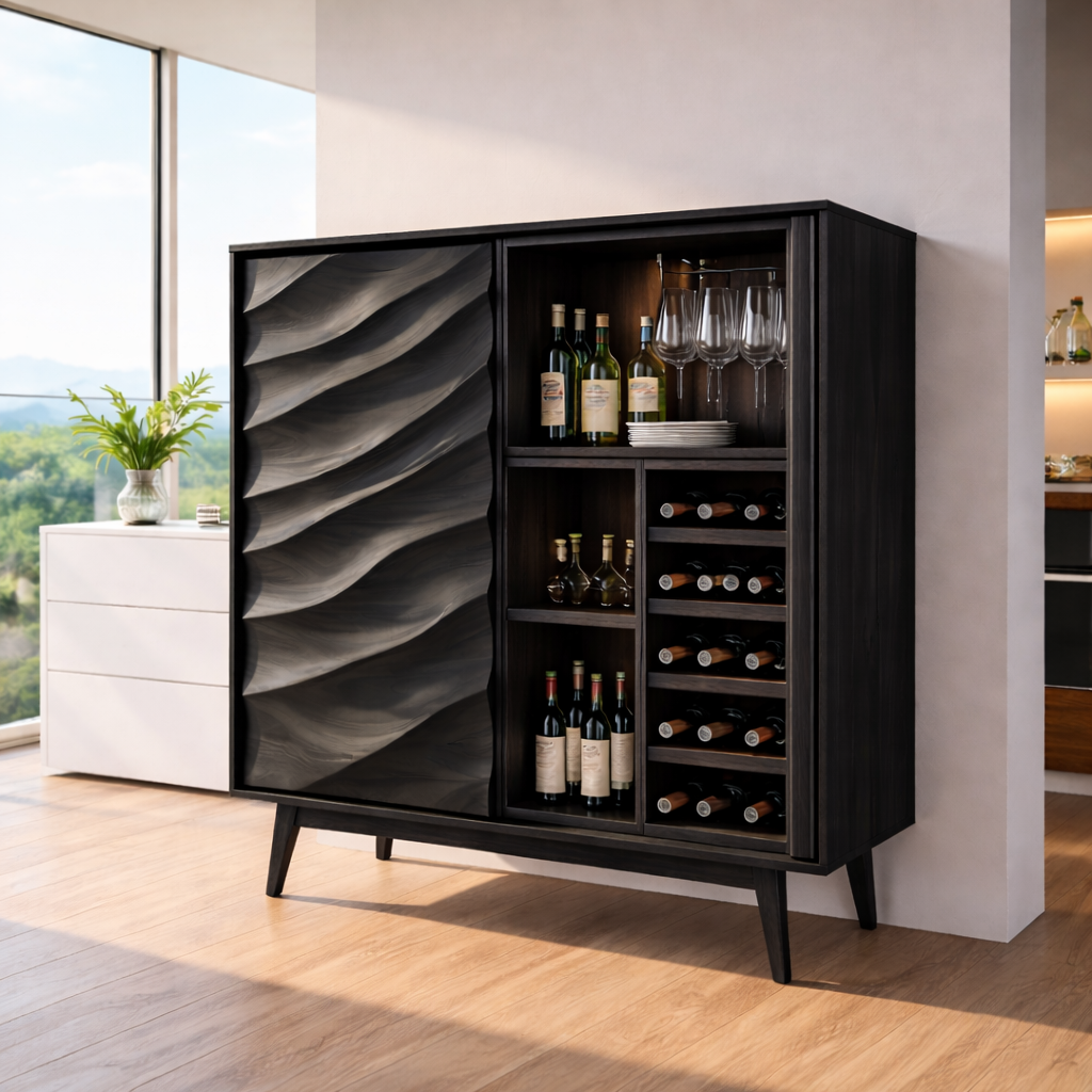 Modern Solid Wood Bar Cabinet with Wine Rack & Sculpted Door – Mid Century Home Bar Storage