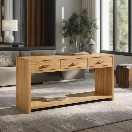 Solid Wood Console Table with Drawers and Shelf – Modern Entryway Storage Table