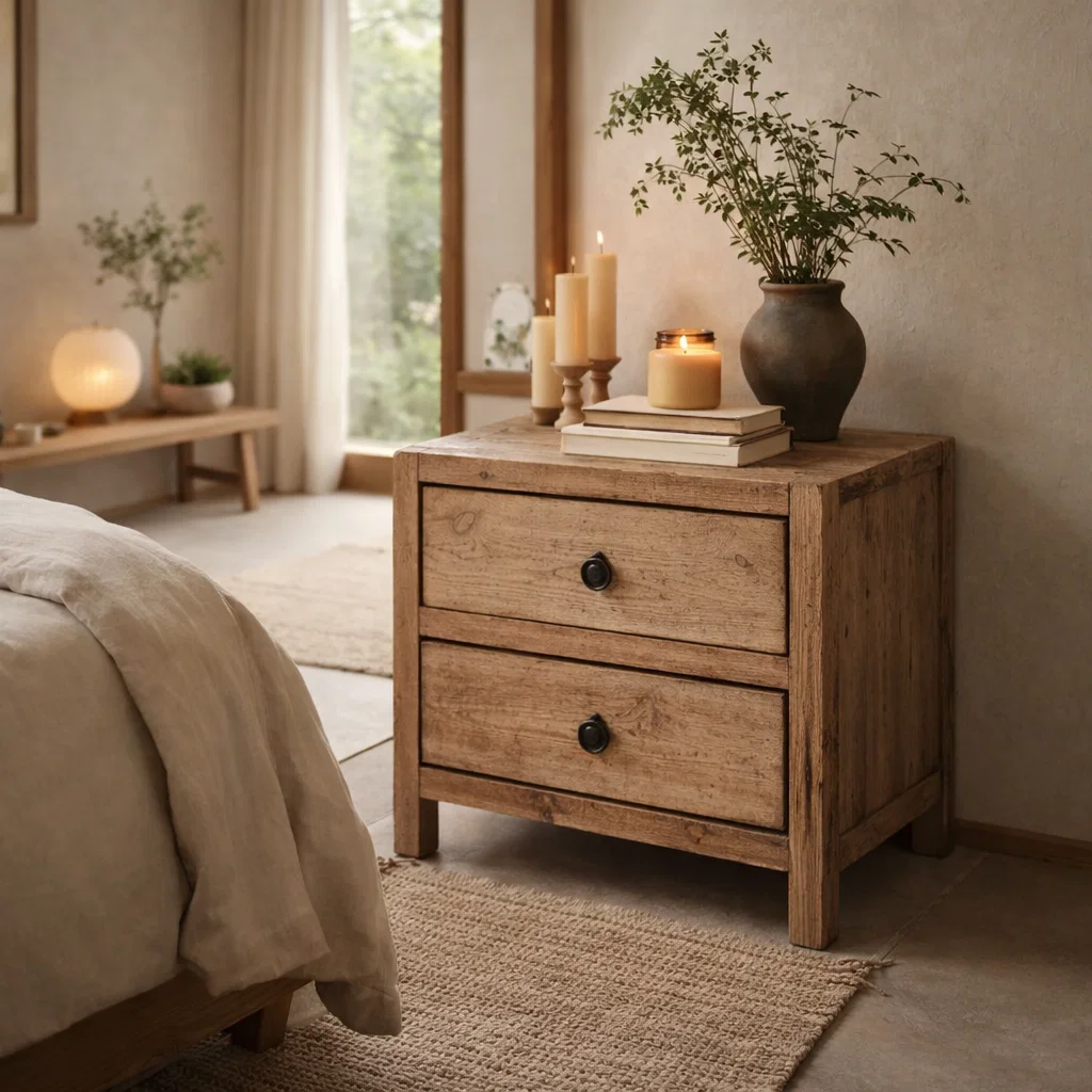 Solid Wood Nightstand with 2 Drawers – Rustic Bedside Table Storage Cabinet